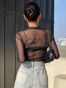 DAZY Mock Neck Sheer Mesh Top Without Bra - Black - View 2