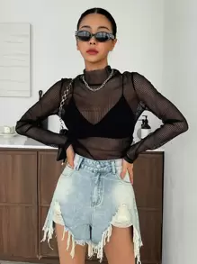 DAZY Mock Neck Sheer Mesh Top Without Bra - Black - View 4