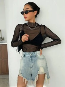 DAZY Mock Neck Sheer Mesh Top Without Bra - Black - View 7