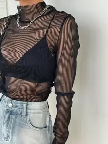 DAZY Mock Neck Sheer Mesh Top Without Bra - Black - View 8