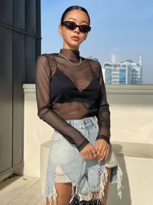 DAZY Mock Neck Sheer Mesh Top Without Bra - Black - View 9