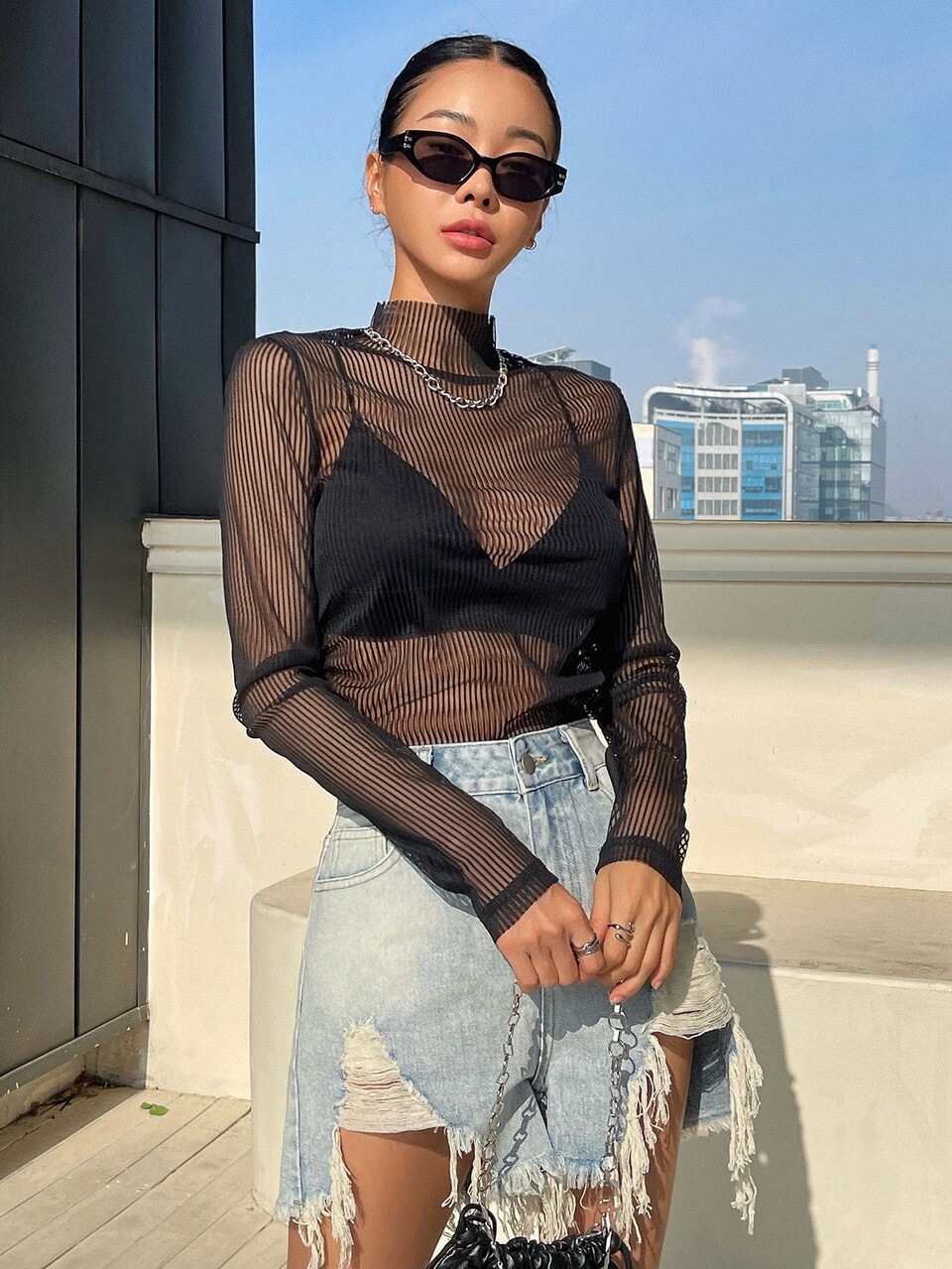 Mock Neck Sheer Mesh Top Without Bra Going Out Tops