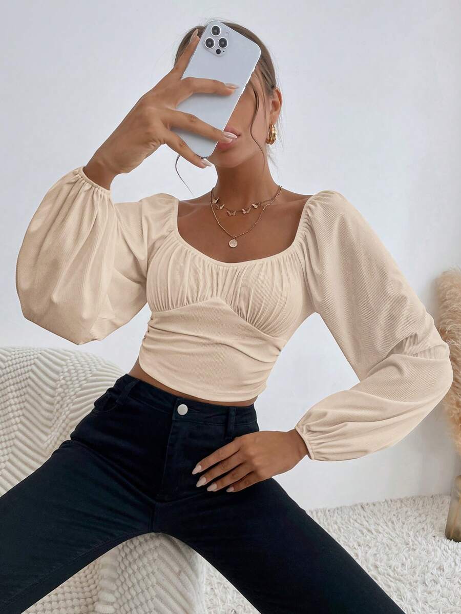 SHEIN Privé Sweetheart Neck Lantern Sleeve Ruched Bust Crop Top - Apricot - View 1