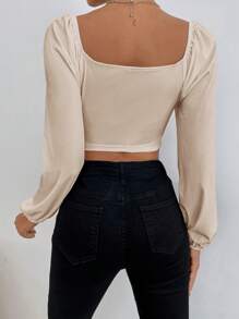 SHEIN Privé Sweetheart Neck Lantern Sleeve Ruched Bust Crop Top - Apricot - View 2