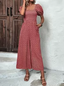 SHEIN Clasi Áo liền quần nữ Túi Dải chun Họa tiết hoa Boho - Đỏ và trắng - Xem 1