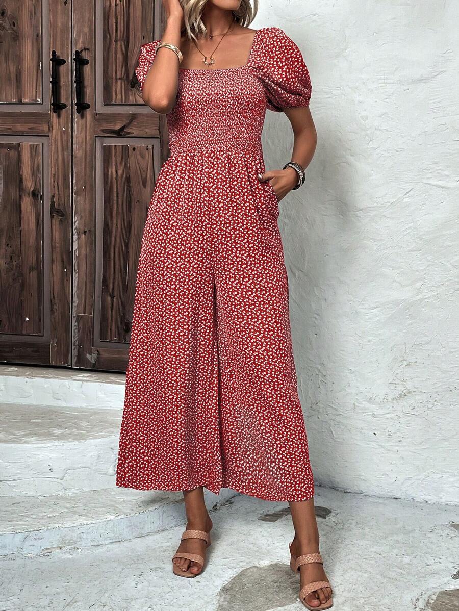 SHEIN Clasi Áo liền quần nữ Túi Dải chun Họa tiết hoa Boho - Đỏ và trắng - Xem 1