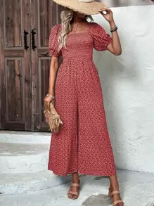 SHEIN Clasi Áo liền quần nữ Túi Dải chun Họa tiết hoa Boho - Đỏ và trắng - Xem 5