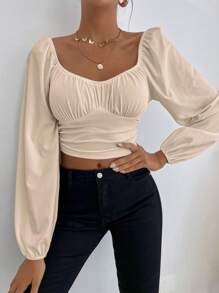 SHEIN Privé Sweetheart Neck Lantern Sleeve Ruched Bust Crop Top - Apricot - View 3