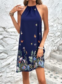 SHEIN VCAY 花卉和蝴蝶圖案繞頸直筒連衣裙 - 彩色 - 查看 6