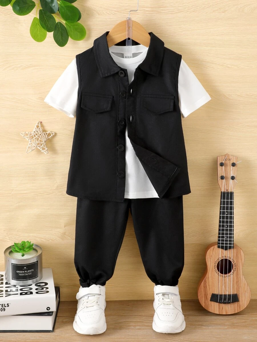 SHEIN 小男童素色T恤和翻蓋細節背心襯衫和褲子 - 黑與白 - 查看 1