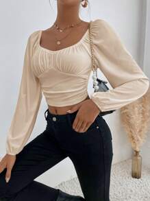 SHEIN Privé Sweetheart Neck Lantern Sleeve Ruched Bust Crop Top - Apricot - View 6