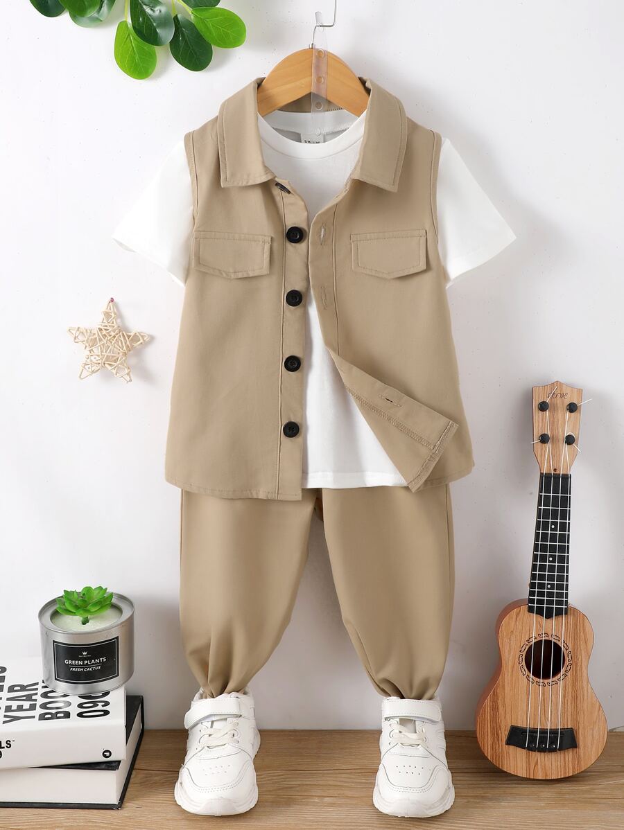 SHEIN Bộ thời trang bé trai Đắp vá Nút phía trước Khối Màu Giải trí - Nhiều màu - Xem 1