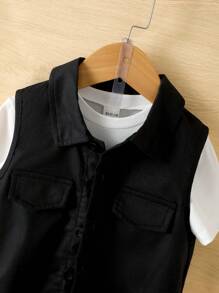 SHEIN 小男童素色T恤和翻蓋細節背心襯衫和褲子 - 黑與白 - 查看 4