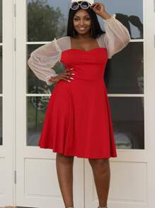 seomiscky 大碼網紗拼接荷葉袖連衣裙 - 紅色 - 查看 1