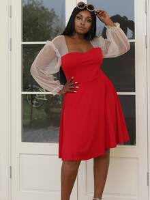 seomiscky 大碼網紗拼接荷葉袖連衣裙 - 紅色 - 查看 6