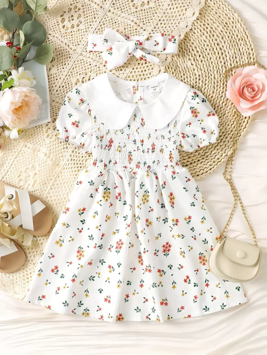 SHEIN 小女童碎花彼得潘領泡泡袖連衣裙附髮帶 - 白色 - 查看 1