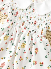 SHEIN 小女童碎花彼得潘領泡泡袖連衣裙附髮帶 - 白色 - 查看 3