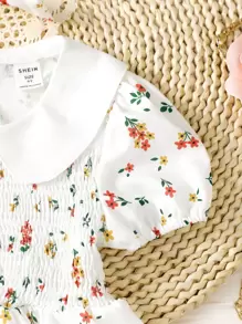 SHEIN 小女童碎花彼得潘領泡泡袖連衣裙附髮帶 - 白色 - 查看 4