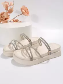 Glamorous Sandals For Women, Rhinestone Decor Flatform Slide Sandals Valentines - Beige - View 4