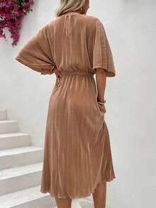 蝙蝠袖木耳邊下擺開叉褶皺連衣裙 - 咖啡棕 - 查看 2