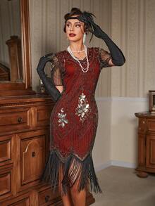 女士1920年代花卉亮片裝飾流蘇裙,不含手套