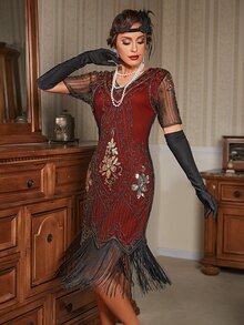 女士1920年代花卉亮片裝飾流蘇裙,不含手套