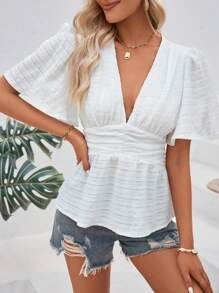 SHEIN VCAY 素色深V領蝴蝶袖荷葉邊下擺襯衫 - 白色 - 查看 3