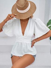 SHEIN VCAY 素色深V領蝴蝶袖荷葉邊下擺襯衫 - 白色 - 查看 4