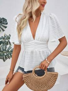 SHEIN VCAY 素色深V領蝴蝶袖荷葉邊下擺襯衫 - 白色 - 查看 6