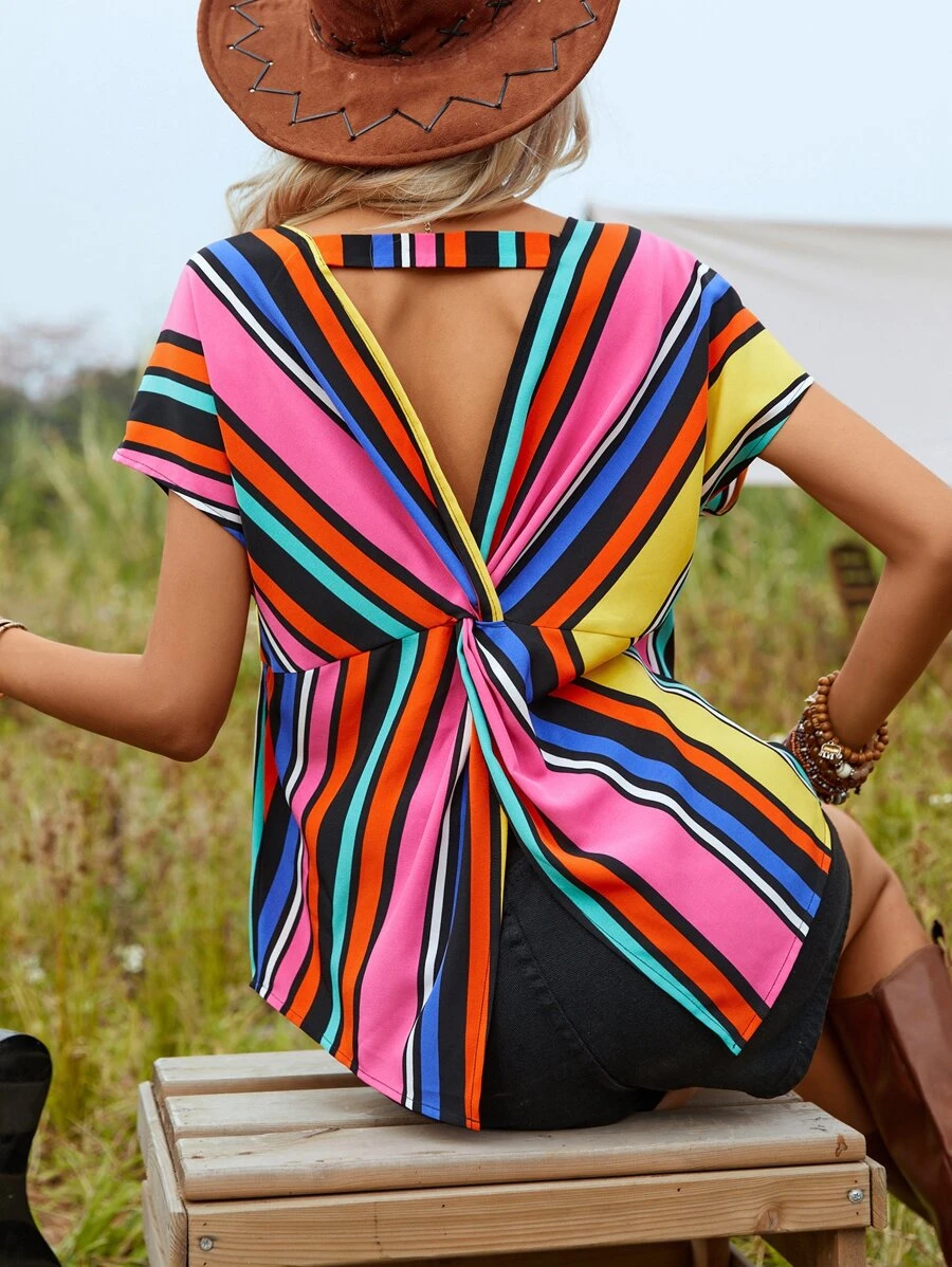 SHEIN Clasi Striped Print Batwing Sleeve Blouse - Multicolor - View 1