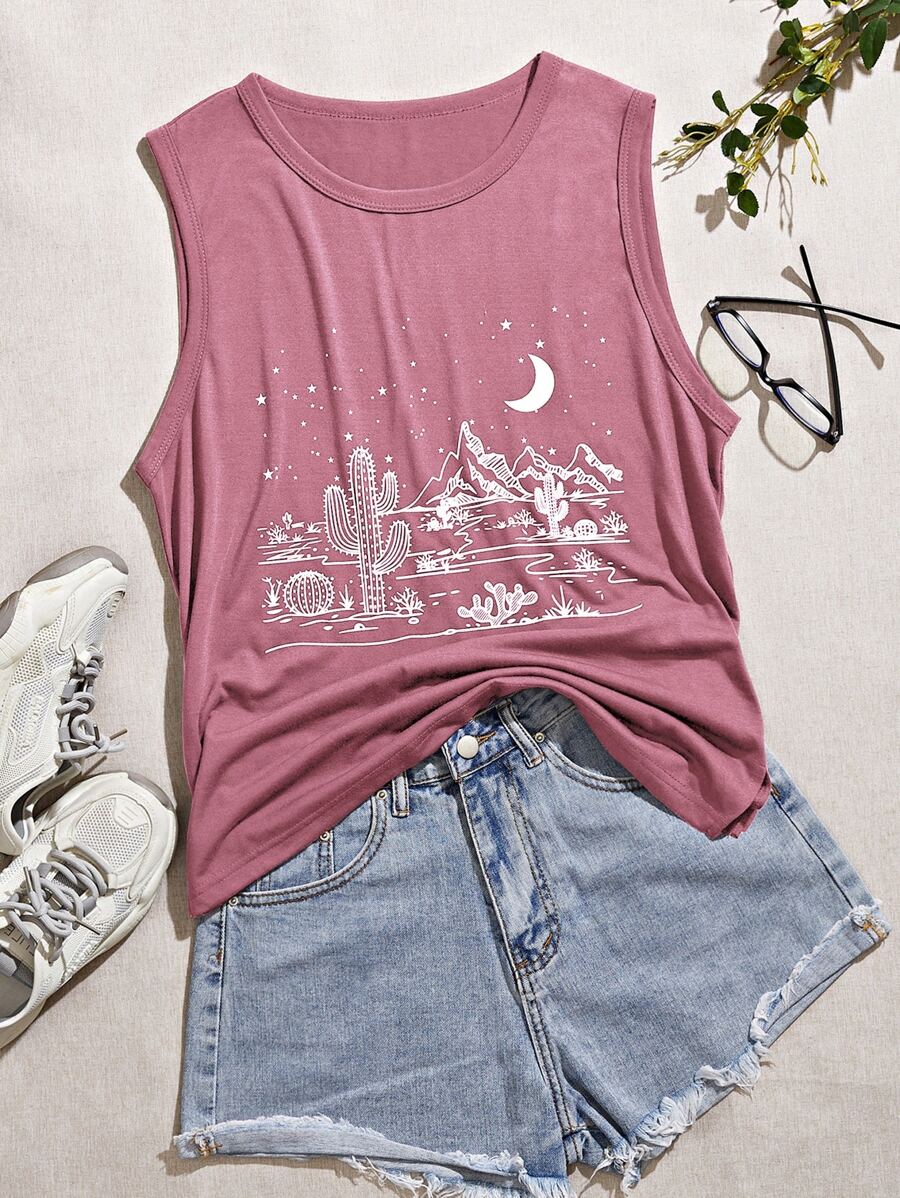 SHEIN LUNE Cactus & Moon Print Tank Top Graphic Tees Women Tops - Pink - View 1