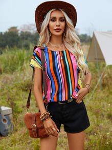 SHEIN Clasi Striped Print Batwing Sleeve Blouse - Multicolor - View 5