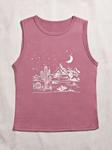 SHEIN LUNE Cactus & Moon Print Tank Top Graphic Tees Women Tops - Pink - View 5