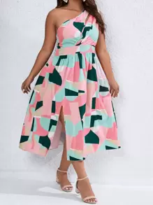 SHEIN Clasi Plus Geo Print One Shoulder Split Thigh Dress - Multicolor - View 1