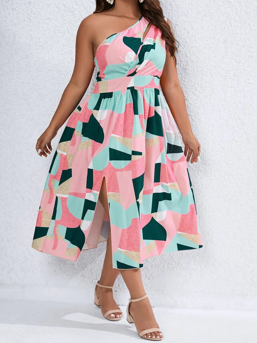 SHEIN Clasi Plus Geo Print One Shoulder Split Thigh Dress - Multicolor - View 1
