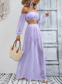 SHEIN VCAY 圓點一字肩短款上衣和高衩覆蓋裙裤 - 紫丁香色 - 查看 3