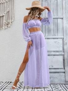 SHEIN VCAY 圓點一字肩短款上衣和高衩覆蓋裙裤 - 紫丁香色 - 查看 4