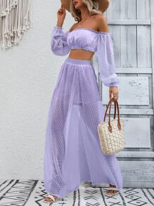 SHEIN VCAY 圓點一字肩短款上衣和高衩覆蓋裙裤 - 紫丁香色 - 查看 5