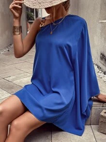 SHEIN LUNE One Shoulder Batwing Sleeve Tunic Dress - Blue - View 1