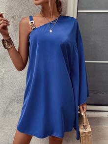 SHEIN LUNE One Shoulder Batwing Sleeve Tunic Dress - Blue - View 4