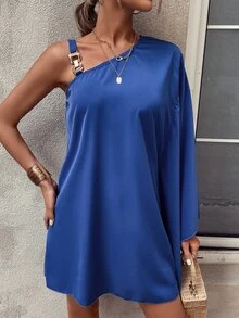 SHEIN LUNE One Shoulder Batwing Sleeve Tunic Dress - Blue - View 6