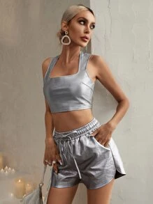 GENKIRA 腰部打結斜口袋短褲 - 銀色 - 查看 5