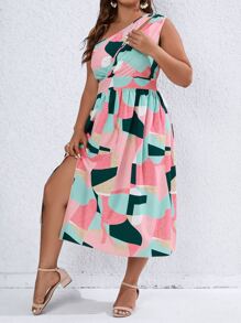SHEIN Clasi Plus Geo Print One Shoulder Split Thigh Dress - Multicolor - View 3