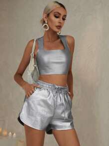 GENKIRA 腰部打結斜口袋短褲 - 銀色 - 查看 7