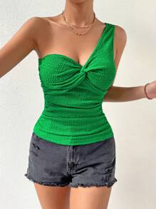 SHEIN Privé 單肩前扭結上衣 - 綠色 - 查看 3