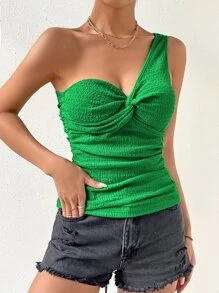 SHEIN Privé 單肩前扭結上衣 - 綠色 - 查看 5