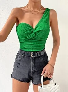 SHEIN Privé 單肩前扭結上衣 - 綠色 - 查看 6