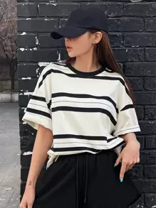 DAZY Striped Print Drop Shoulder Tee - Black and White - View 1