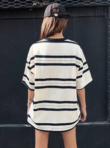 DAZY Striped Print Drop Shoulder Tee - Black and White - View 2