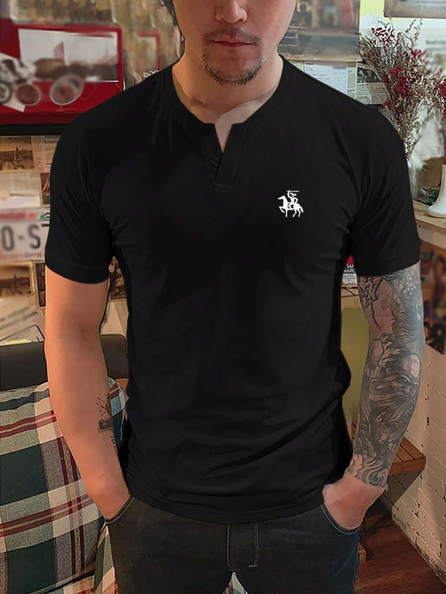 Manfinity Homme 男士馬匹印花四分之一缺口領T恤 - 黑色 - 查看 1